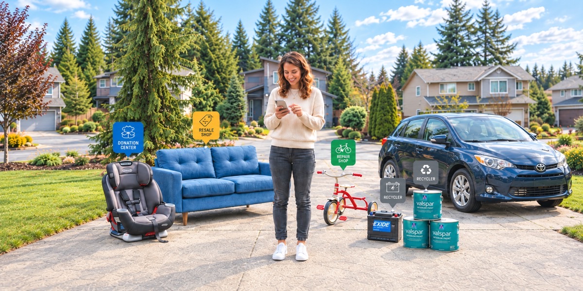A giver in her driveway photographing a couch, car seat, trike and paint cans for gone